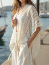 Openwork Tassel Open Front Knit Cover Up Cream One-size
