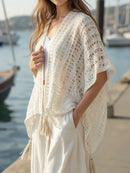 Openwork Tassel Open Front Knit Cover Up Cream One-size