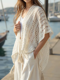 Openwork Tassel Open Front Knit Cover Up Cream One-size