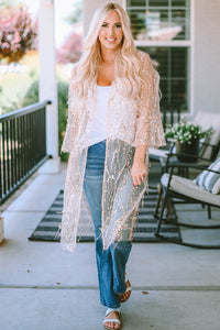 Sequin Open Front Sheer Cardigan Beige