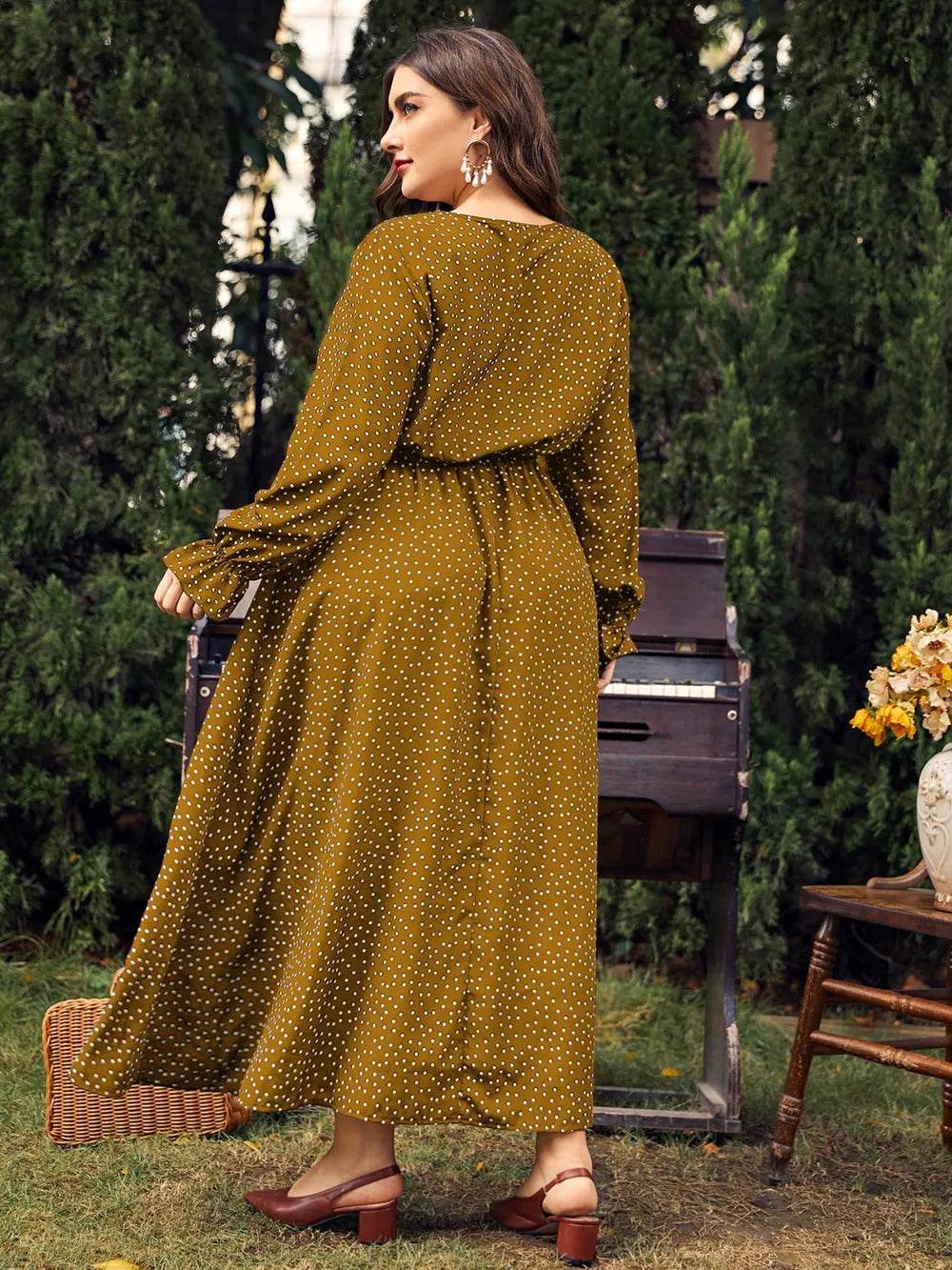 Honey Plus Size Ruffled Polka Dot Long Sleeve Midi Dress - Store 42