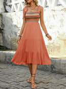 Tie Shoulder Square Neck Tiered Midi Dress