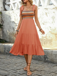 Tie Shoulder Square Neck Tiered Midi Dress