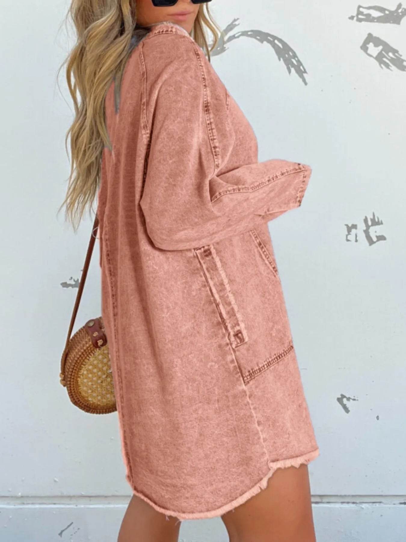 Full Size Button-Front Long Sleeve Denim Shirt Dress Plus Size - Store 42