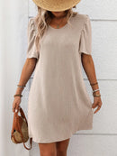 Textured Round Neck Short Sleeve Mini Dress