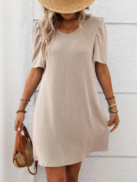 Textured Round Neck Short Sleeve Mini Dress