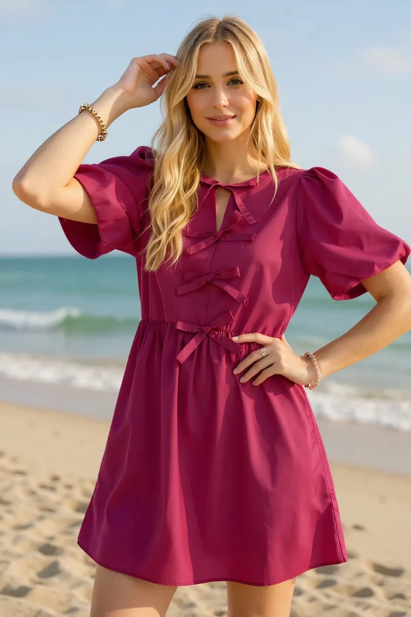 Oh Bow Mini Dress With Ruched Puff Sleeves - 100% Cotton, Opaque, Comfortable Fit