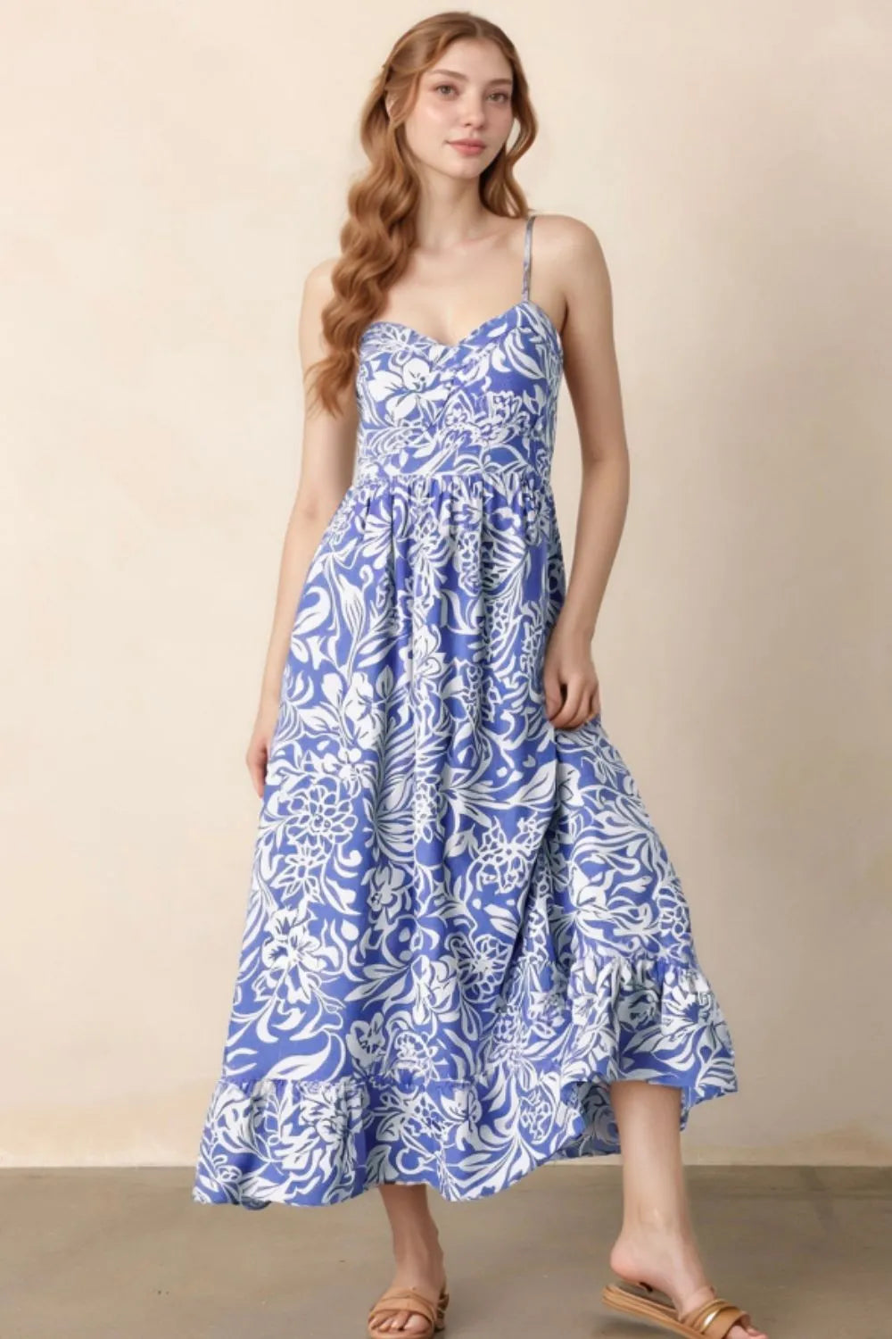 Floral Print Spaghetti Strap High Waist Dress - 100% Polyester, Partially Lined, Machine Washable