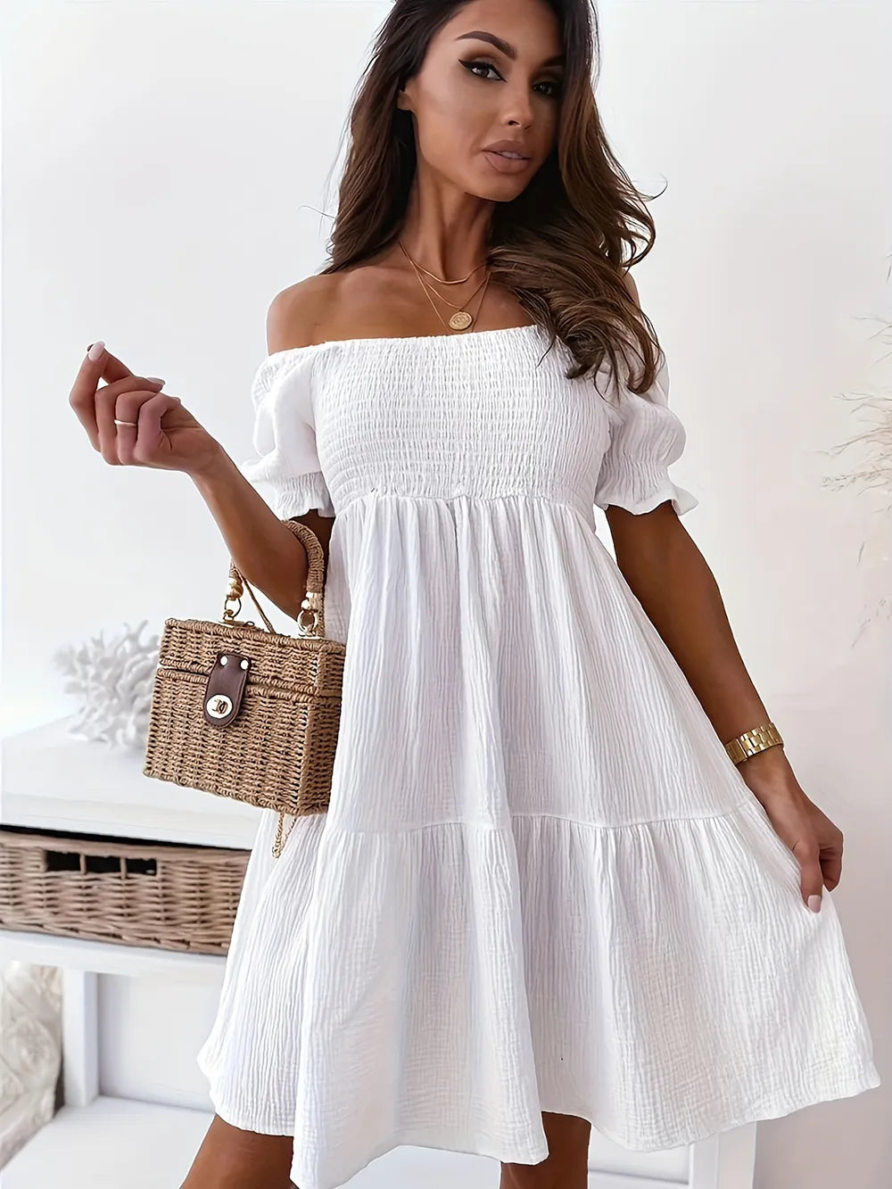 Full Size Ruffled Off-Shoulder Short Sleeve Dress White