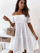 Full Size Ruffled Off-Shoulder Short Sleeve Dress White