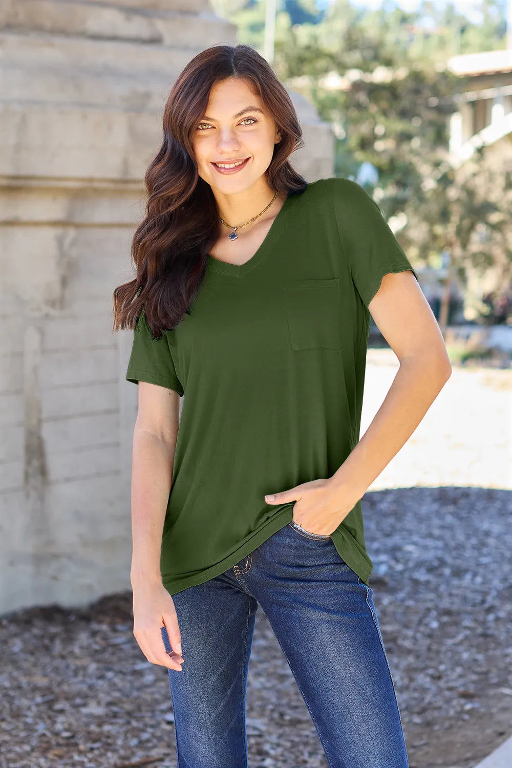 Basic Bae Women's V-Neck Short Sleeve T-Shirt with Pocket - Soft, Stretchy Fabric