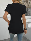 Trendy Hollow Out Waffle Knit Short Sleeve T-Shirt - Soft Stretchy Fabric, Eyelet Detail - Store 42