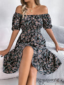 Ruffled Hem Floral Puff Sleeve Dress Black