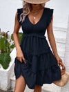 Ruffled V-Neck Cap Sleeve Dress Dark Blue