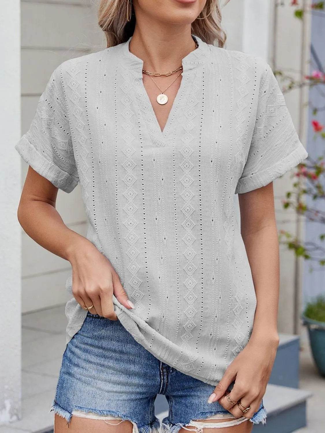 Trendy Eyelet Notched Short Sleeve Top in 65% Rayon - Stylish & Versatile Women's Wear - Store 42