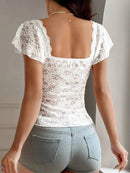 Lace V-Neck Flutter Sleeve Top for Women - Slightly Stretchy, Elegant and Stylish - Store 42