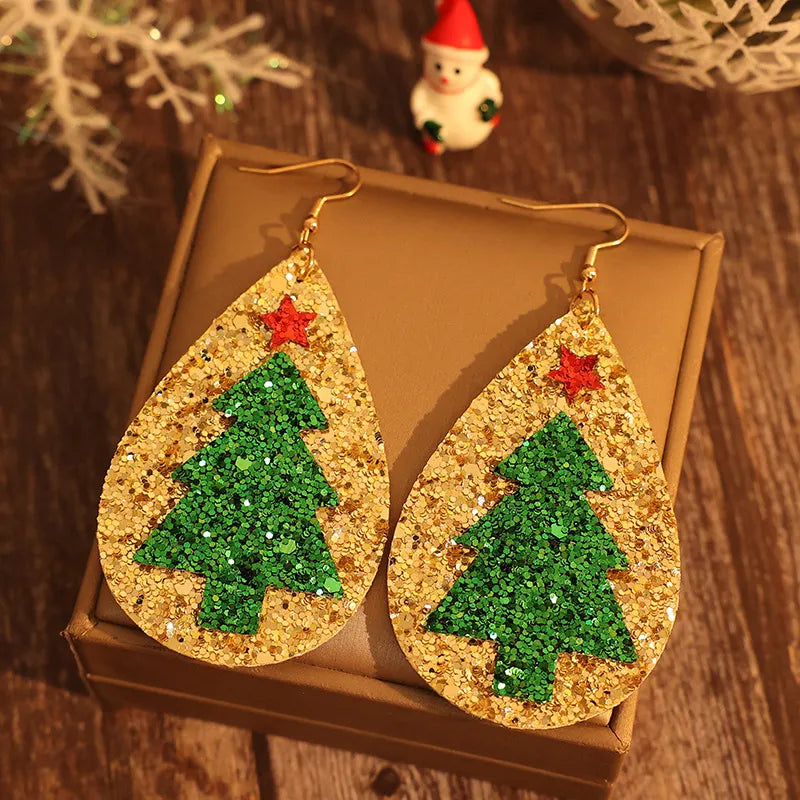 Festive PU Leather Christmas Tree Earrings - Lightweight Alloy Holiday Jewelry - 3.6 In Length