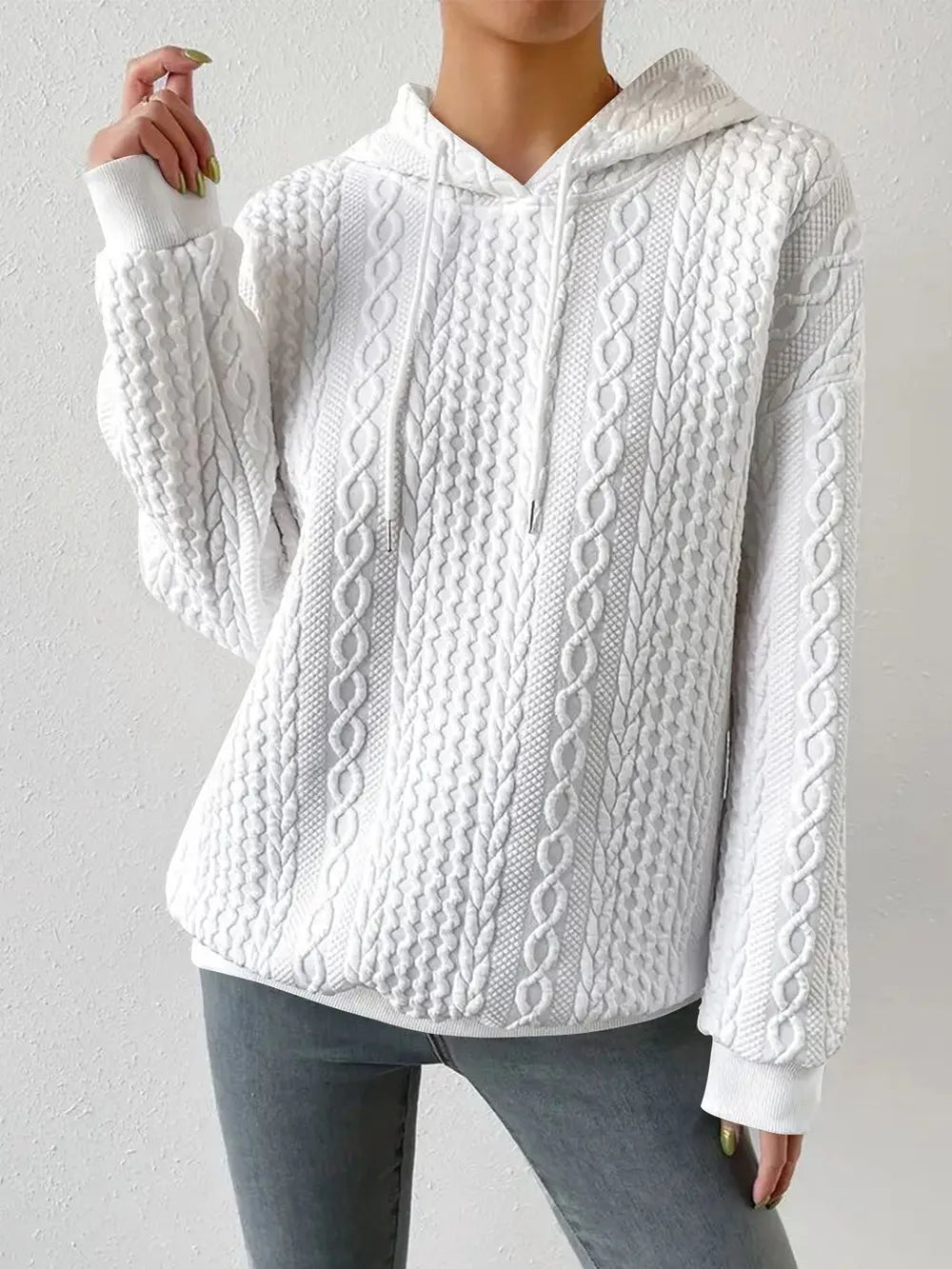 Trendsi Opaque Drawstring Hoodie, Long Sleeve, Drop Shoulder, Slightly Stretchy Fabric