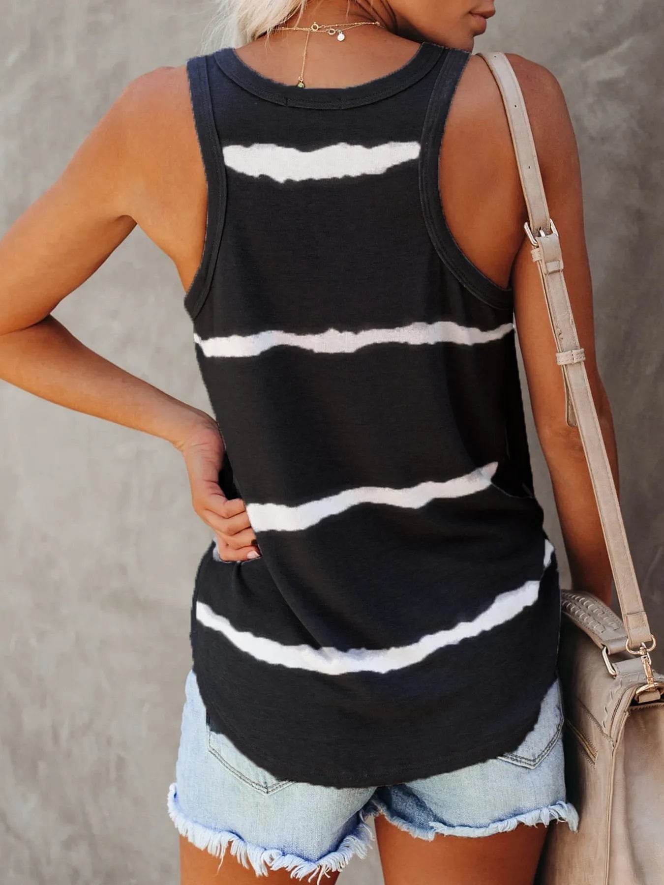 Trendy Full-Size Plus Size Striped Round Neck Tank Top - Slightly Stretchy Polyester Blend
