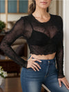Round Neck Long Sleeve Sheer Top Black