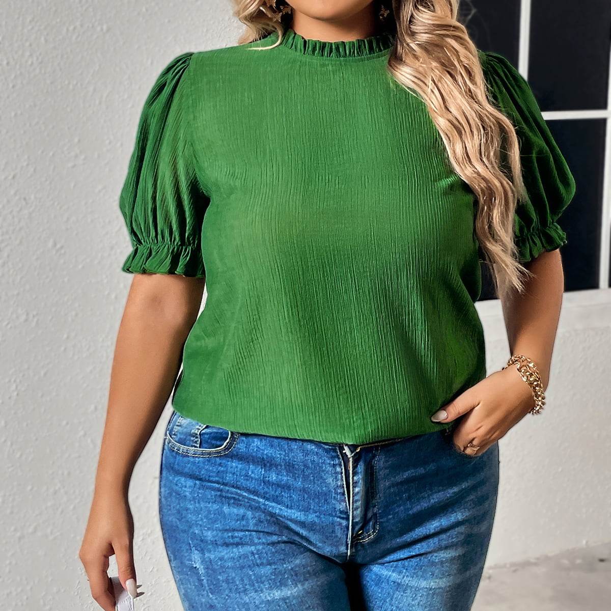 Trendy Honey Plus Size Round Neck Blouse with Puff Sleeves - Casual Solid Long Length Top - Store 42