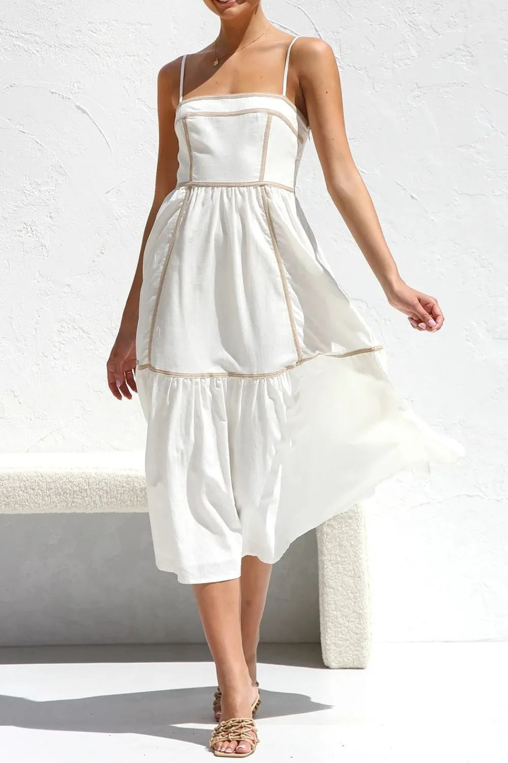 Ruched Contrast Trim Square Neck Midi Cami Dress - Opaque Polyester, No Stretch, Trendy Style