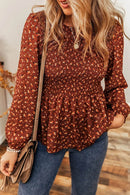 Trendsi Floral Smocked Ruffle Hem Blouse - Long Sleeve Opaque Polyester Top - Store 42