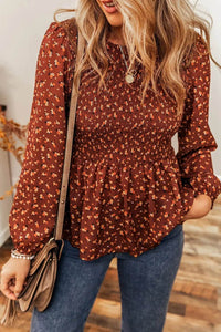 Trendsi Floral Smocked Ruffle Hem Blouse - Long Sleeve Opaque Polyester Top - Store 42