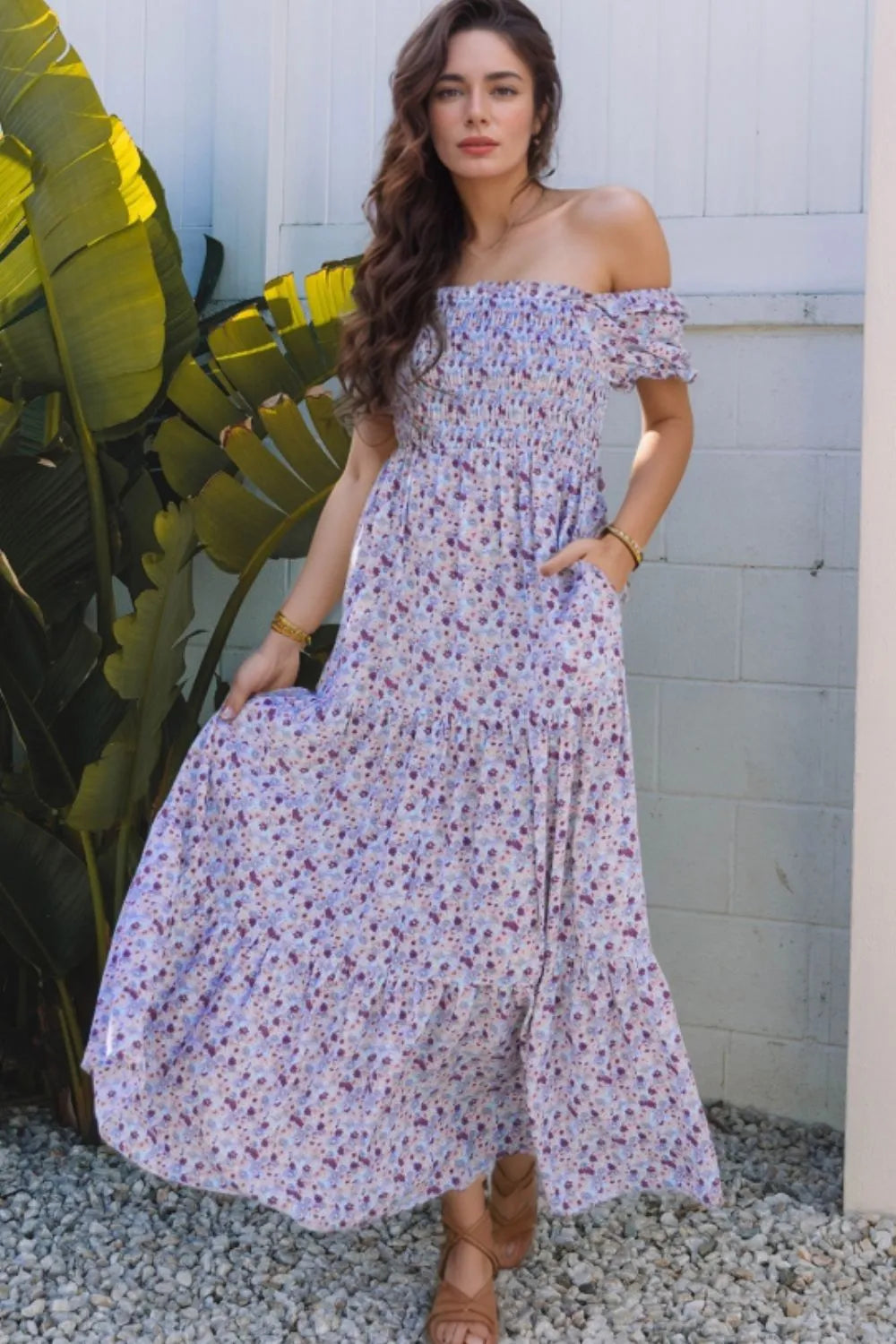 Floral Tiered Maxi Dress with Shirred High Waist - 100% Polyester, No Stretch, Not Lined