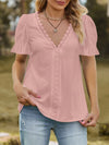 Lace Trim V-Neck Puff Sleeve Blouse Blush Pink