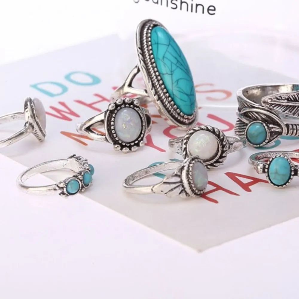 Stylish 8-Piece Turquoise & Opal Alloy Ring Set - Unique, Dazzling Jewelry Collection