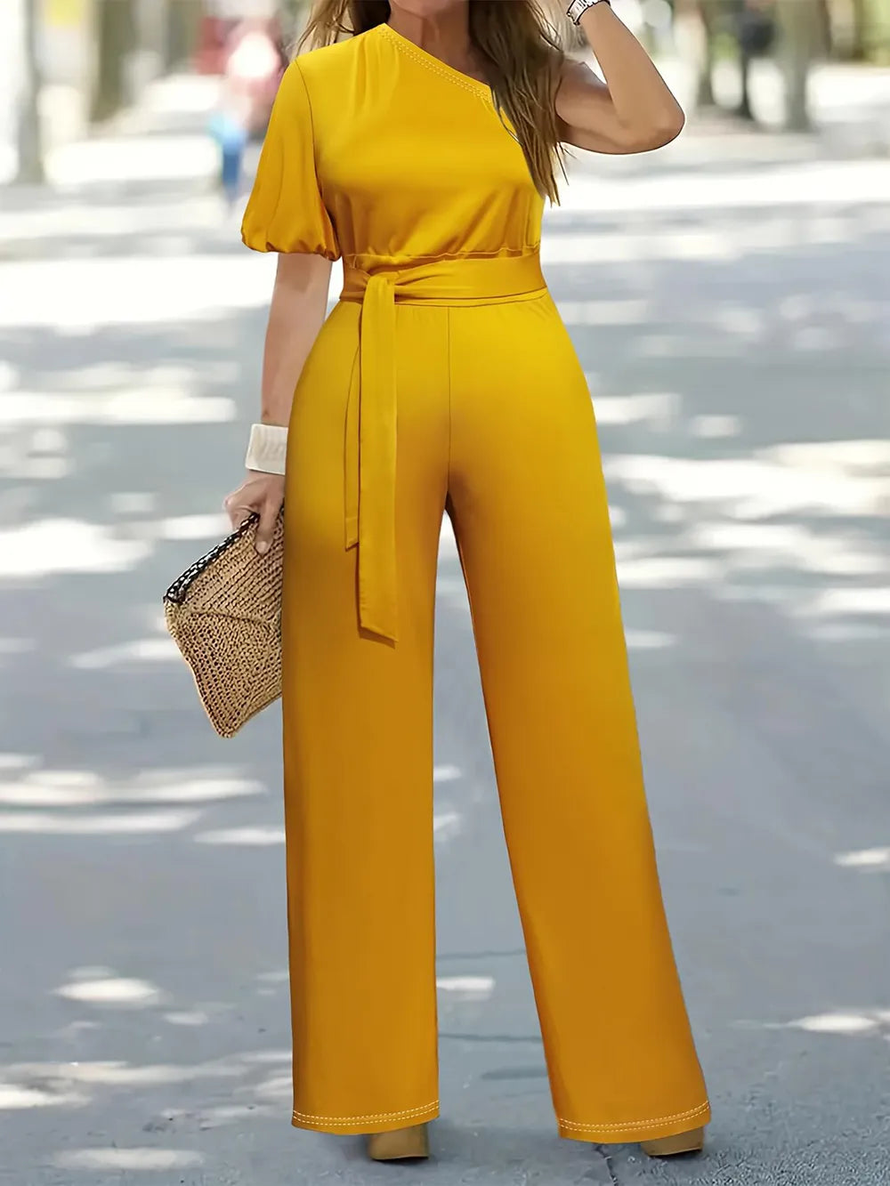 Plus Size Single Shoulder Tie Waist Jumpsuit in Opaque Fabric - Trendy and Comfortable Style