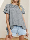 Smocked Plaid Round Neck Layered Short Sleeve Blouse Plaid