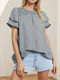 Smocked Plaid Round Neck Layered Short Sleeve Blouse Plaid