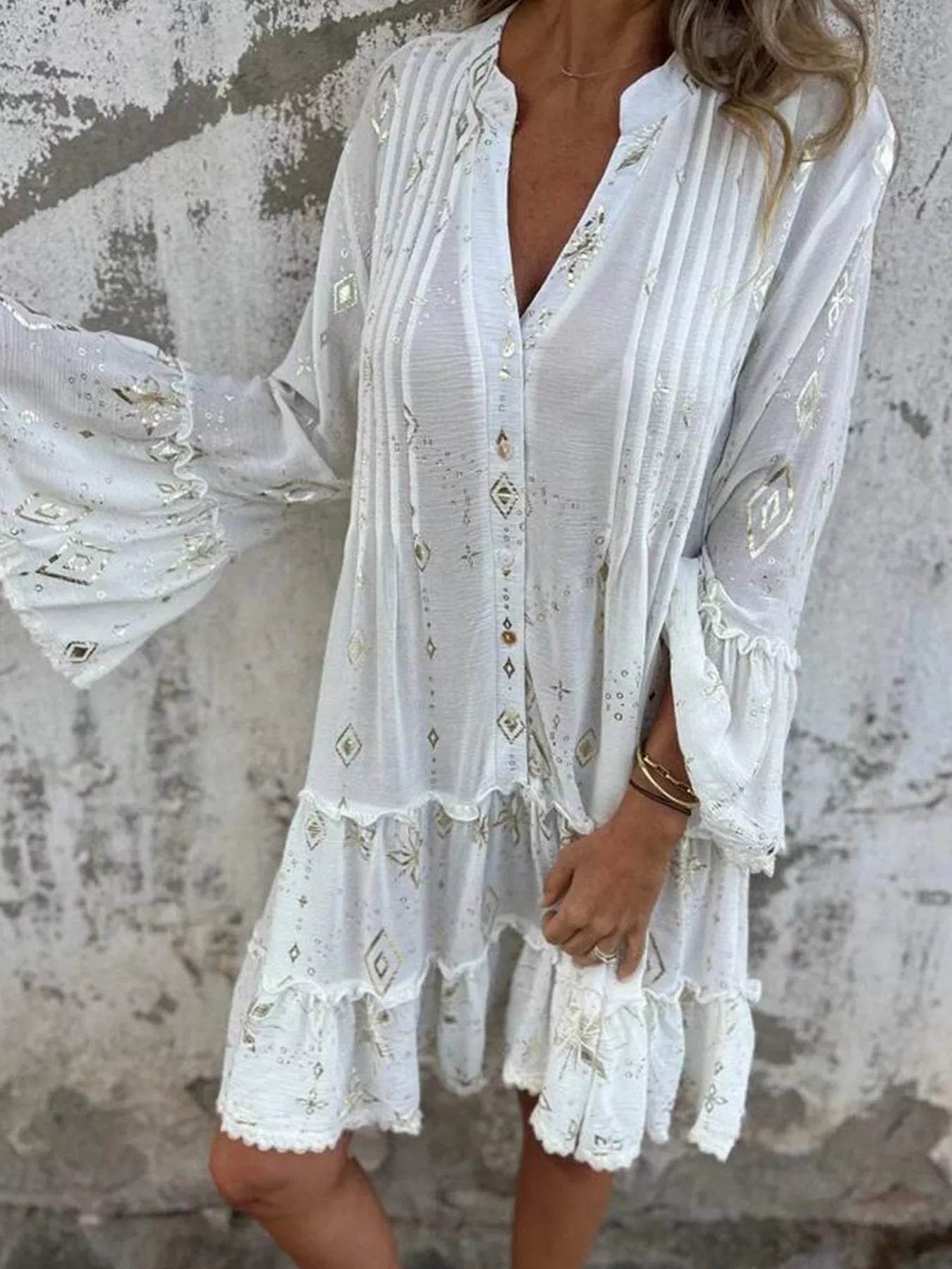 Full Size Printed Notched Flare Sleeve Dress Plus Size - Store 42