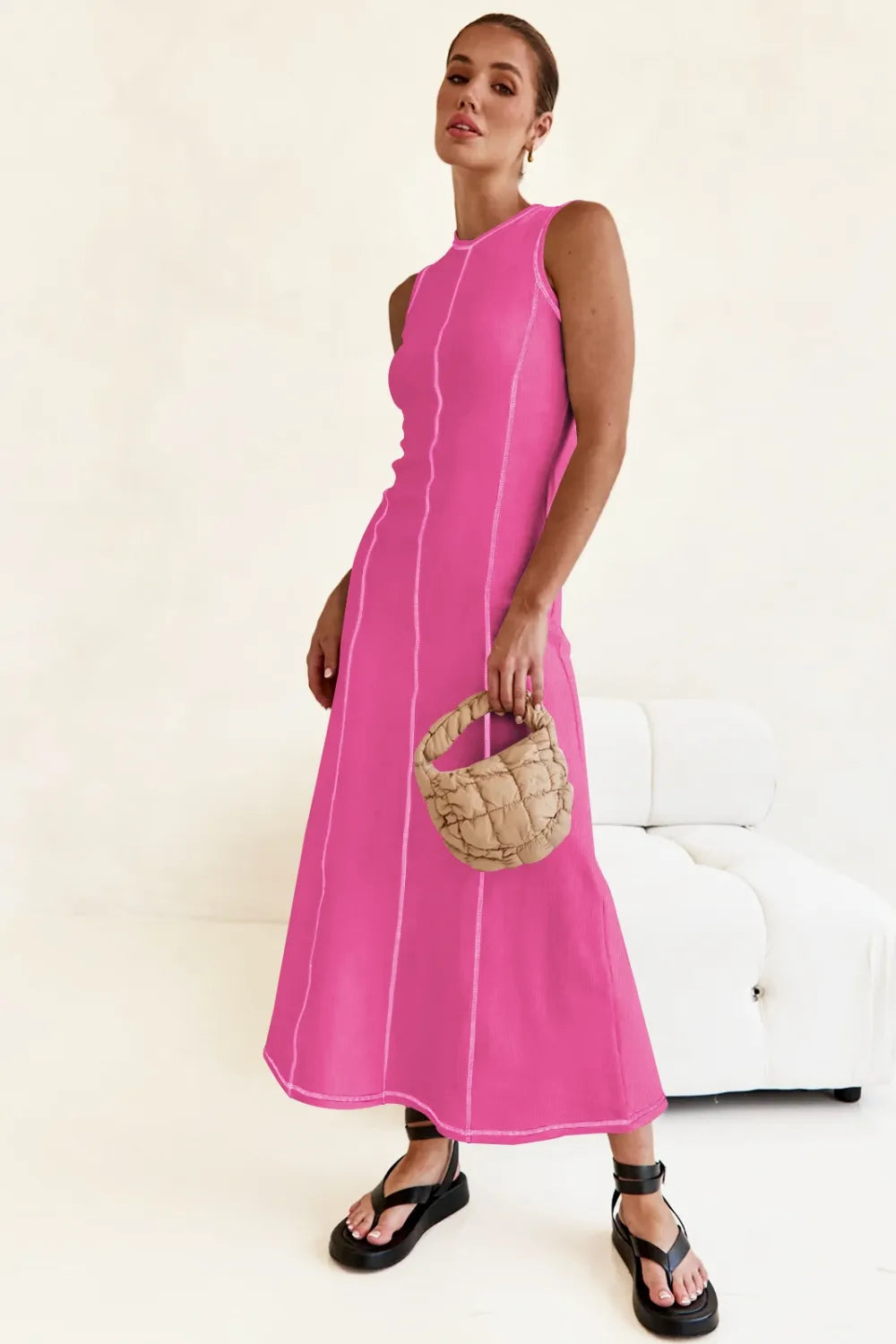 Contrast Stitching Maxi Tank Dress Hot Pink