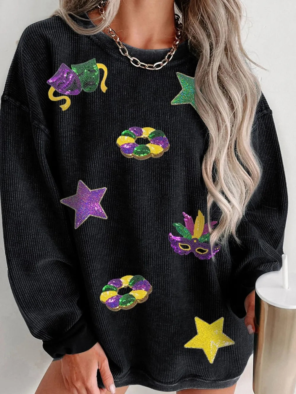 Trendsi Sequin Round Neck Long Sleeve Sweatshirt - Elegant Opaque Polyester Top