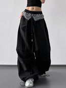 Wide Leg Pants with Checkered Detail Black