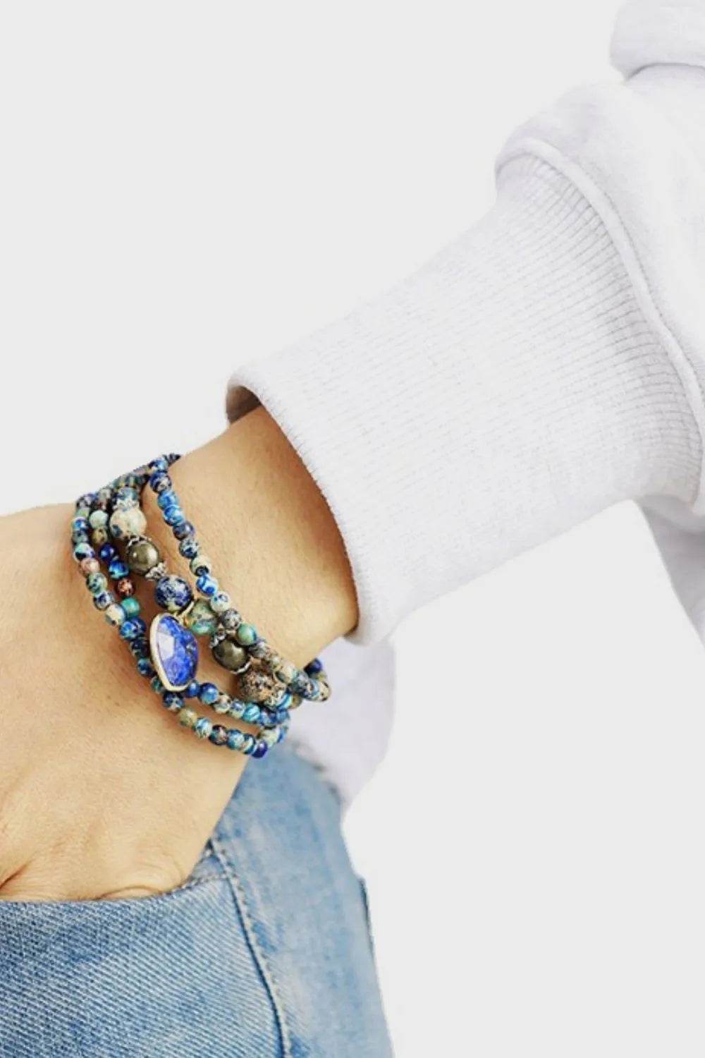 Elegant Imperial Stone Heart Three-Layered Bracelet with Lapis Lazuli - Unique Boho Style