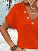 Slightly Stretchy V-Neck Waffle-Knit T-Shirt with Button Detail for Women - Store 42