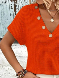 Slightly Stretchy V-Neck Waffle-Knit T-Shirt with Button Detail for Women - Store 42