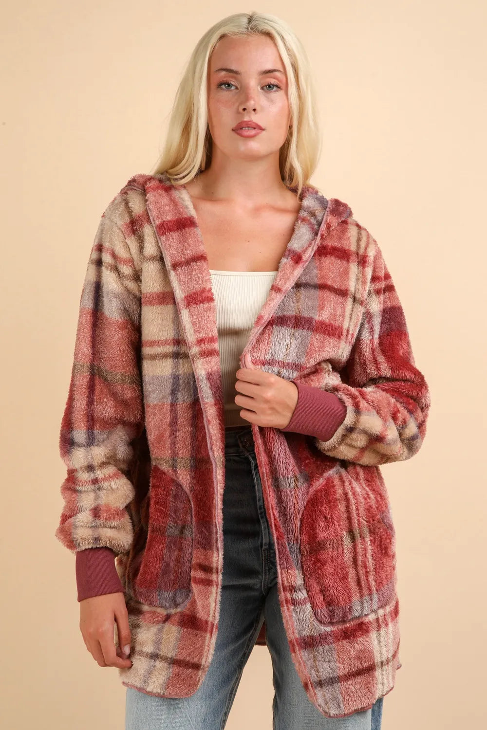 VERY J Fuzzy Plaid Hooded Jacket for Women - Long Sleeve, Pocketed, Cozy Polyester Outerwear