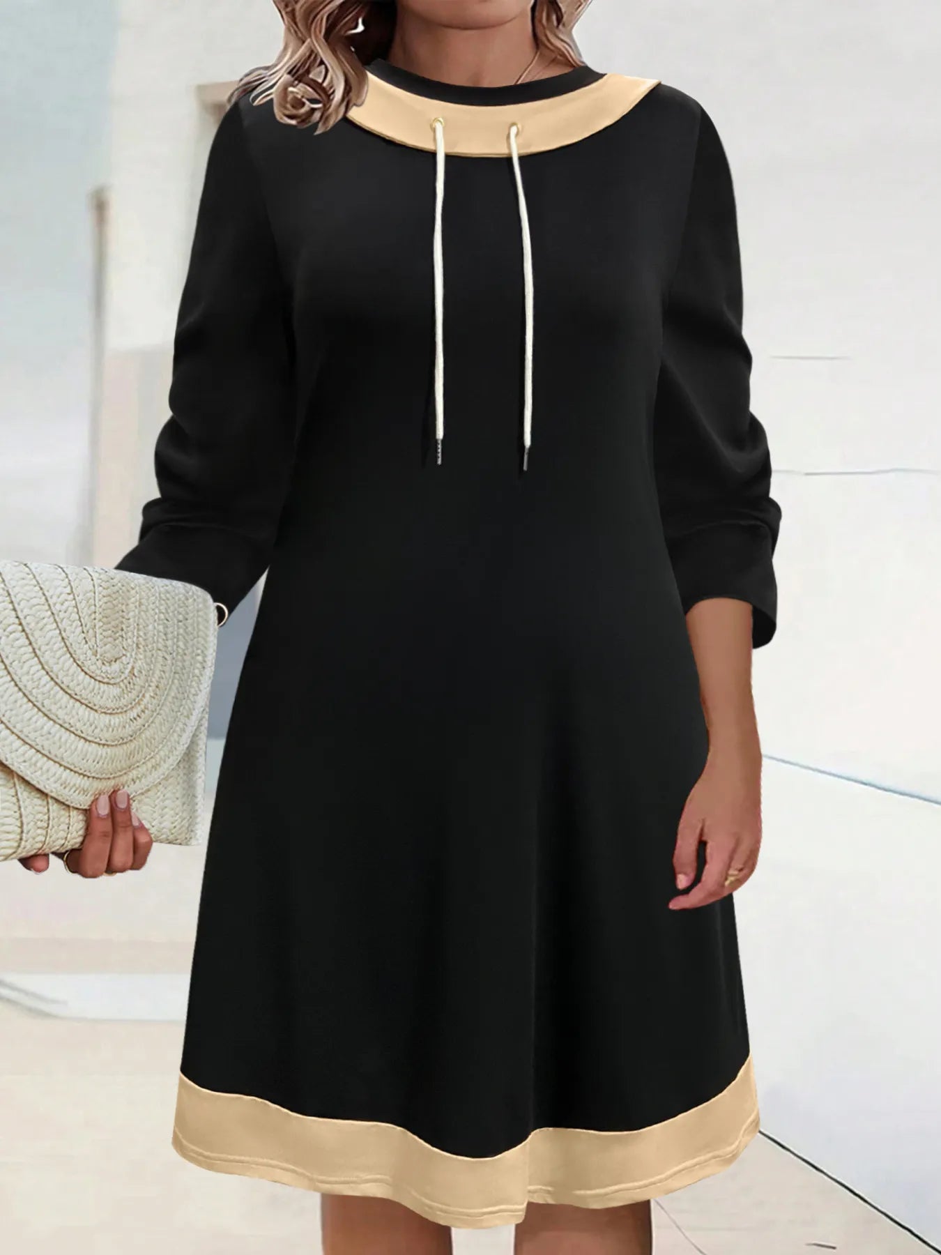 Plus Size Contrast Trim Drawstring Long Sleeve Mini Dress