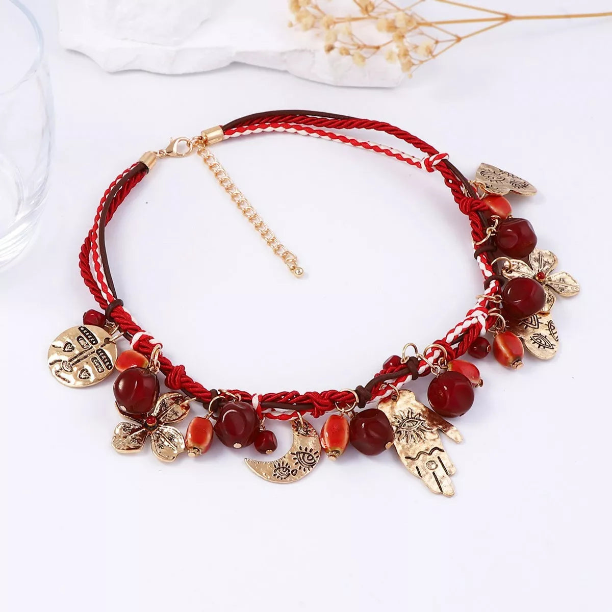 Elegant 18K Gold-Plated Zinc Alloy Bead Charm Necklace with Adjustable Rope Chain