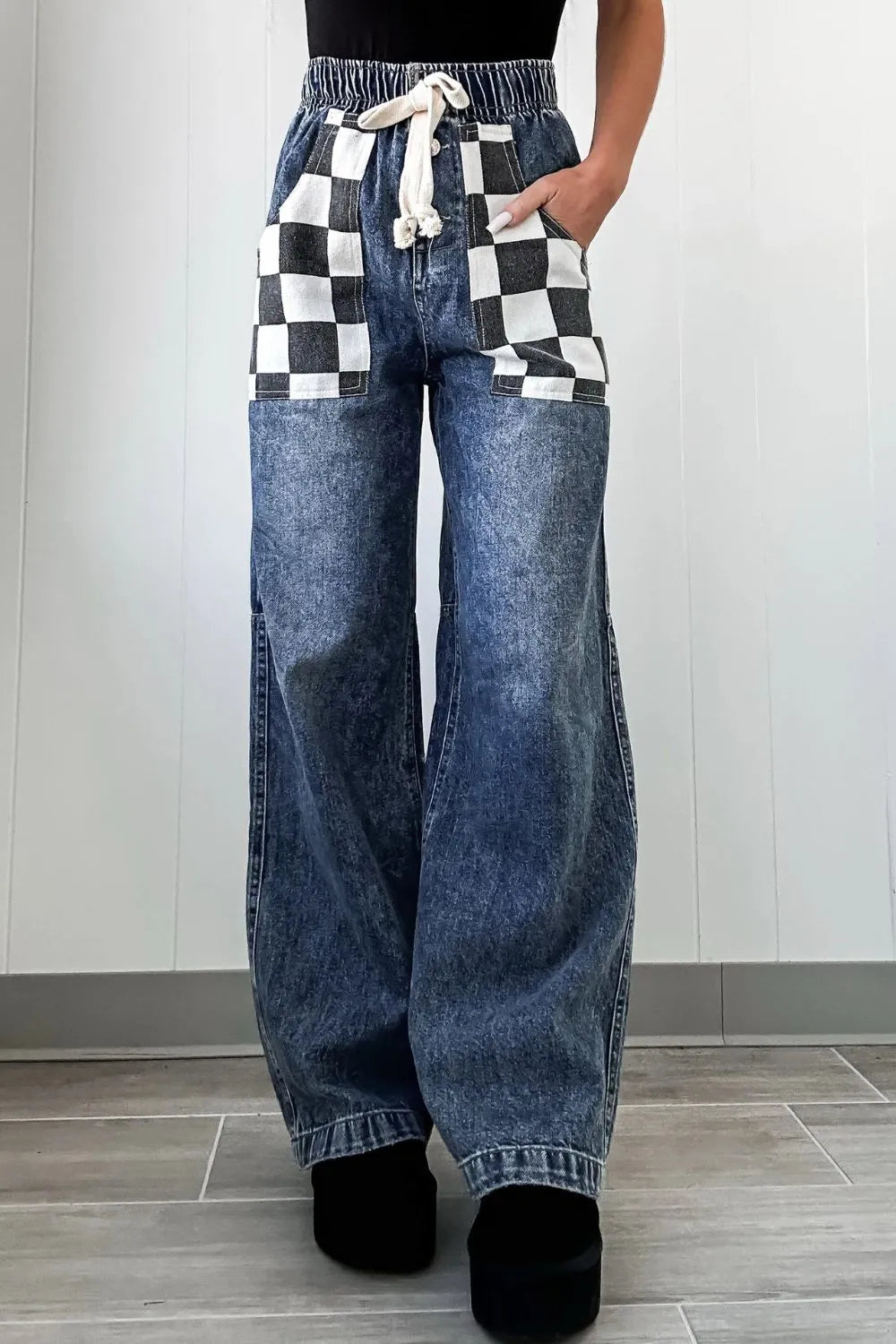 Trendsi Checkered Wide Leg Jeans with Pockets - 95% Rayon, No Stretch, Machine Washable
