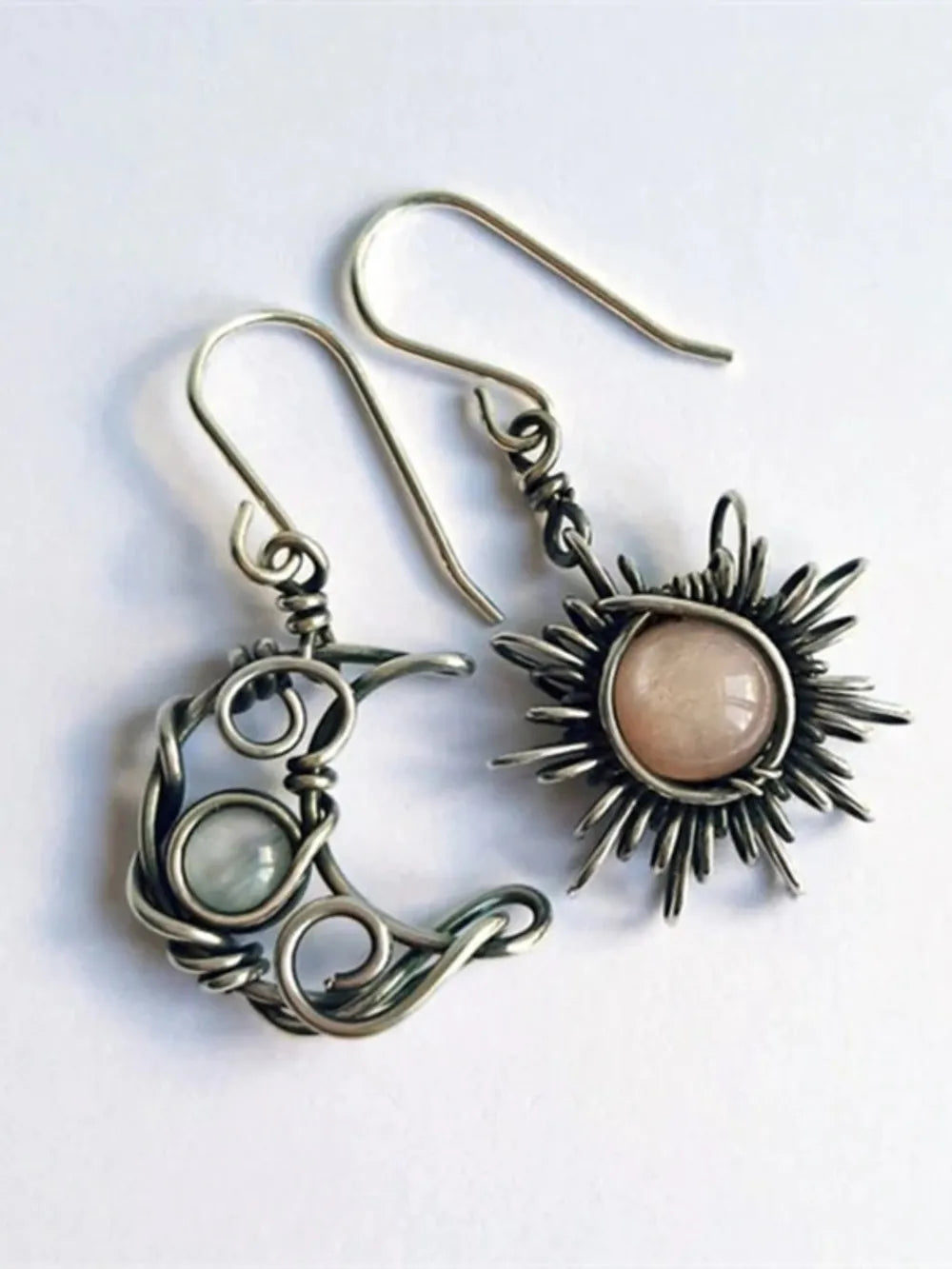 Dazzling Alloy Moon & Sun Dangle Earrings with Moonstone - Unique Celestial Jewelry