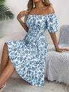 Ruffled Hem Floral Puff Sleeve Dress Sky Blue