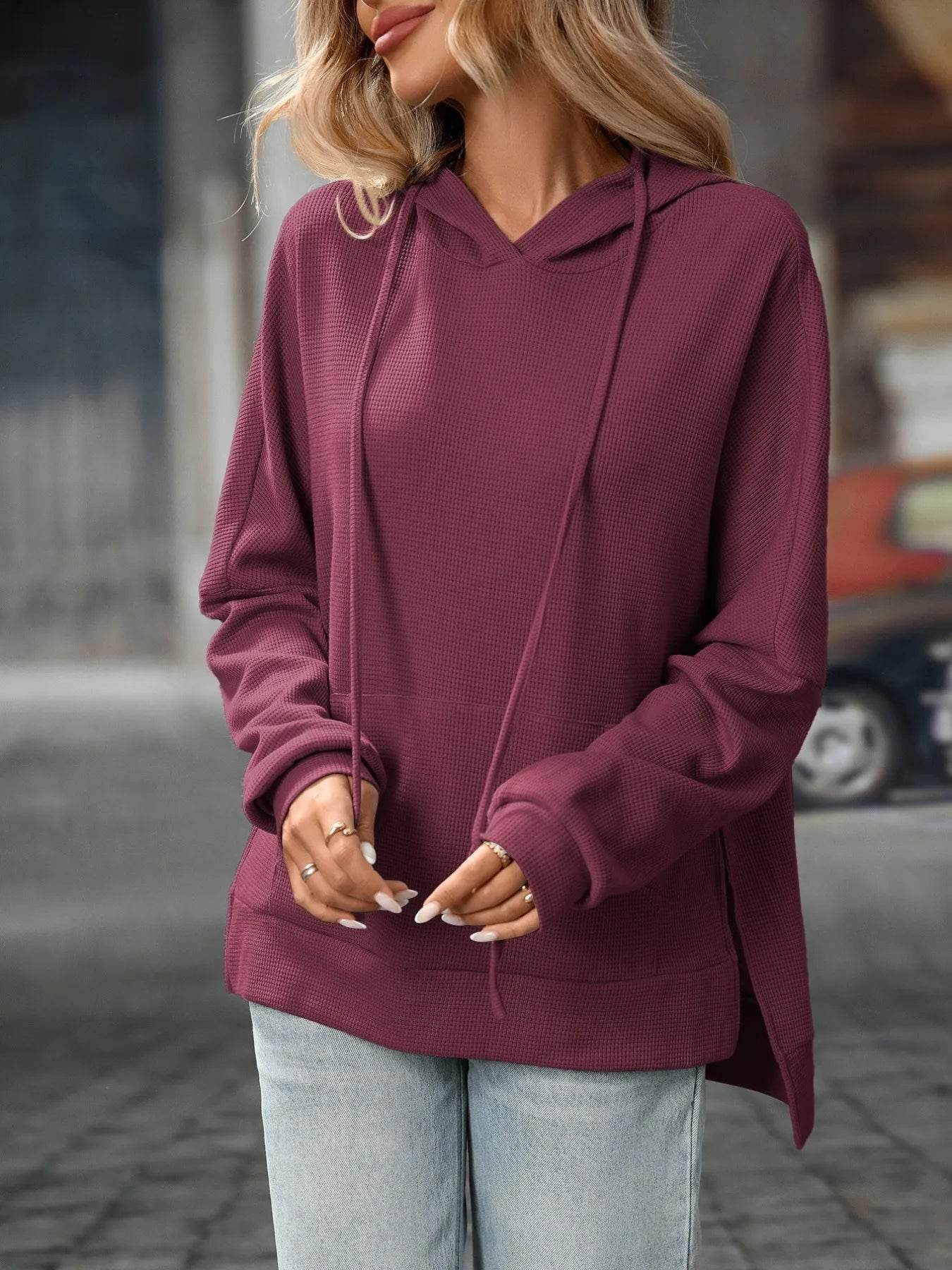 Slightly Stretchy Textured Drawstring Long Sleeve Hoodie with Pocket - Trendy Casual Wear - Store 42