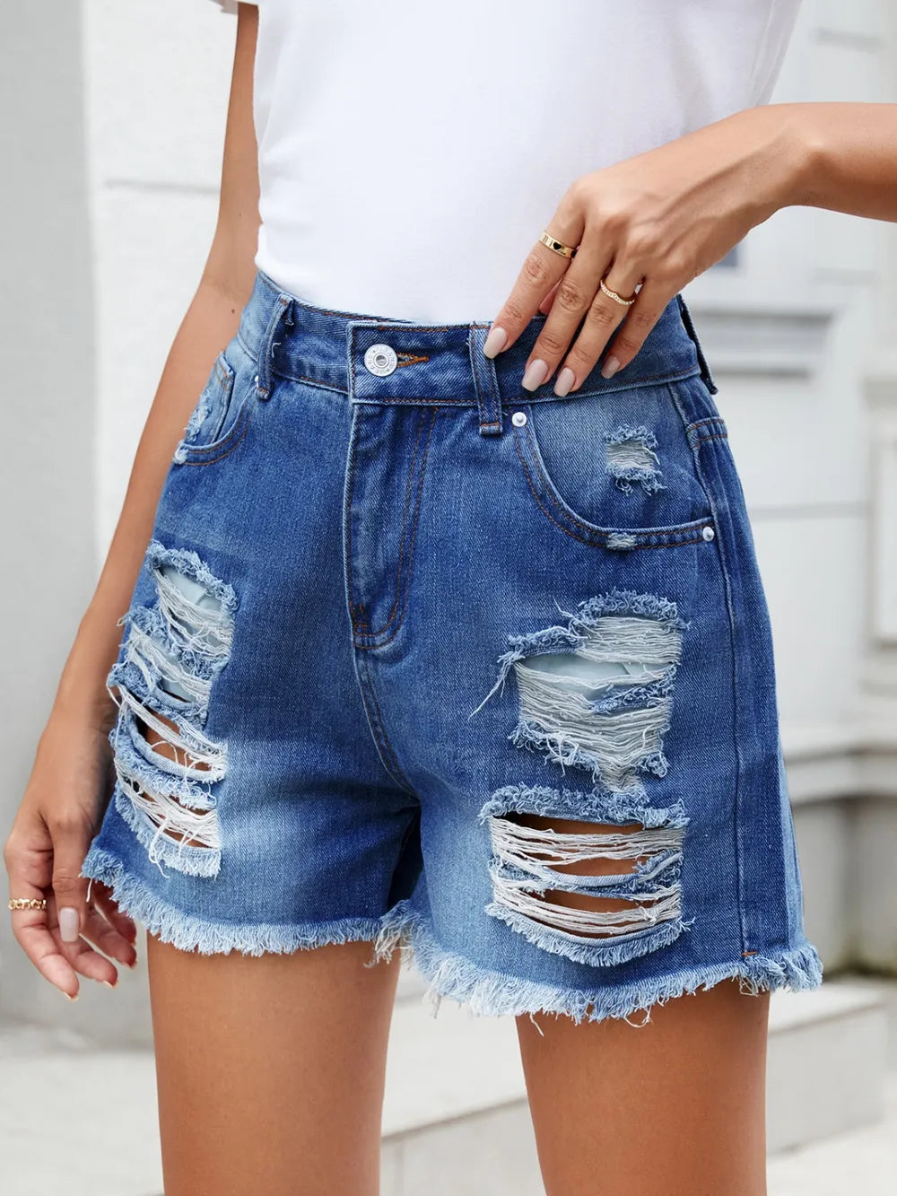 Trendy Distressed Raw Hem Denim Shorts - Slightly Stretchy, Soft Rayon Blend