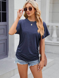 Slightly Stretchy Ruched Round Neck Short Sleeve T-Shirt for Women - Casual Basic Tops - Store 42
